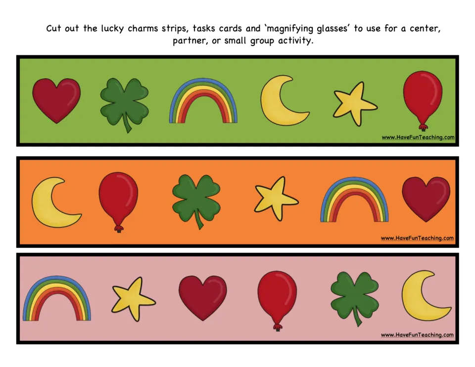 Lucky charm strips: green, orange and pink rows of six charms in mixed order for finding the charm before or after another