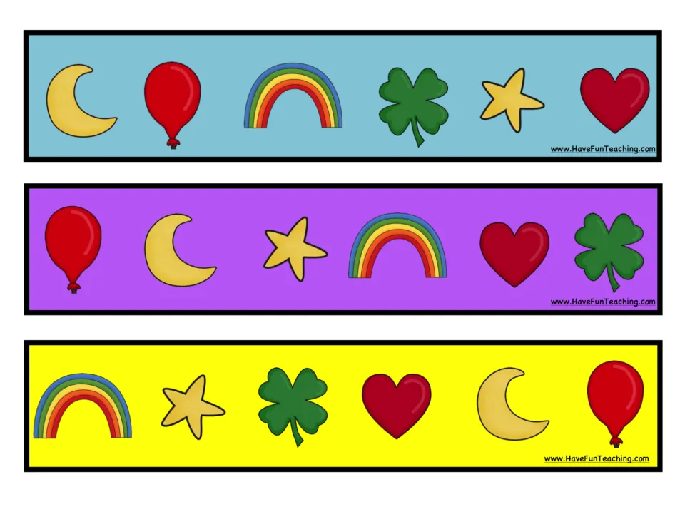 Three more charm strips in blue, purple and yellow, each with moon, balloon, rainbow, clover, star and heart reordered