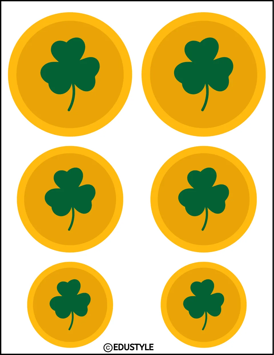 St. Patrick's Day bulletin board and door decor cutouts: six gold coins with green shamrocks in three sizes