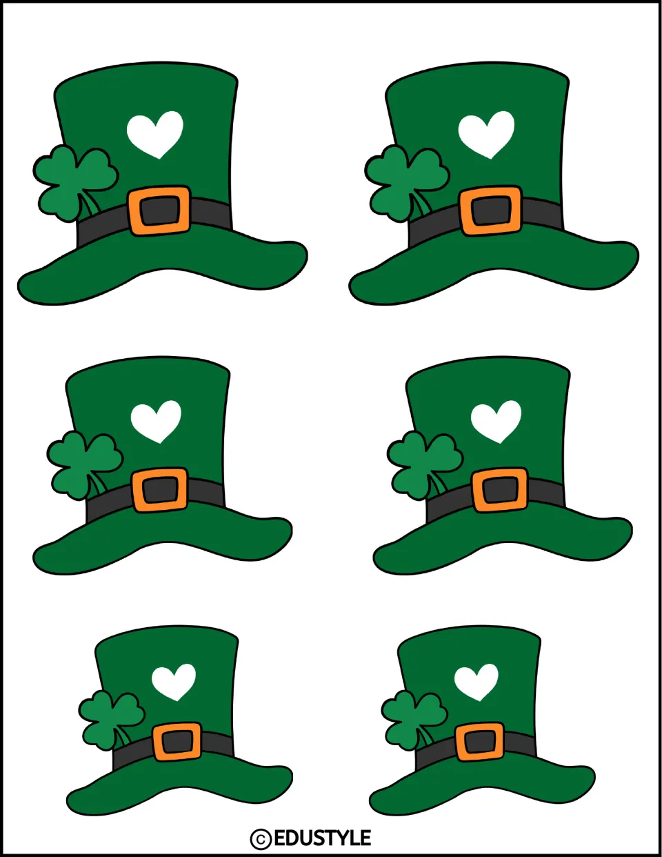 St. Patrick's Day display cutouts: six green hats with white hearts, shamrocks, and orange buckles