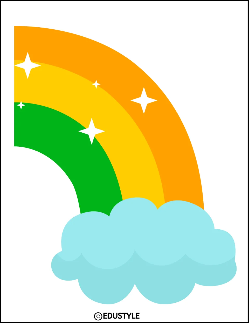 Large rainbow cut-out piece: right half of the orange, yellow and green arch ending in a blue cloud with white sparkles