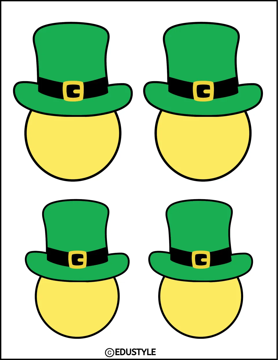 St. Patrick's Day display cutouts: four yellow circles topped with green leprechaun hats in two sizes