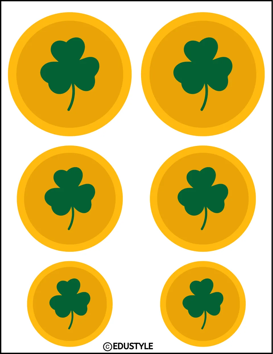 St. Patrick's Day bulletin board cutouts: six gold coins in three sizes, each featuring a green shamrock