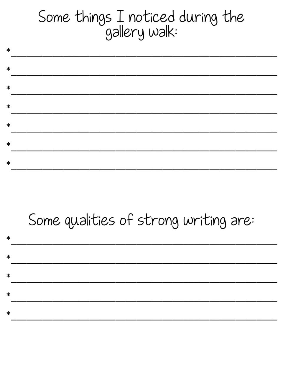 Gallery walk reflection: students jot what they noticed on the walk, then list qualities of strong writing