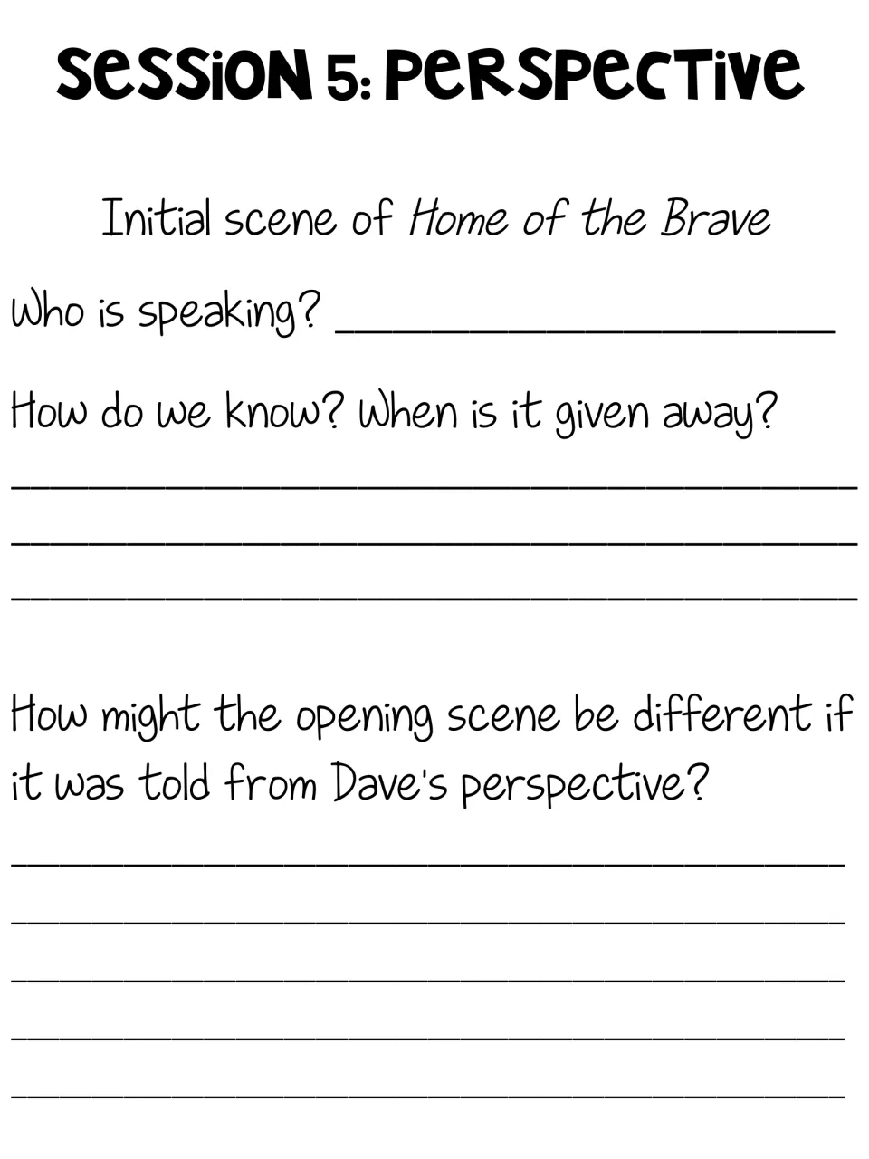 Session 5, perspective: students name the narrator of Home of the Brave's opening and how Dave's view would change it