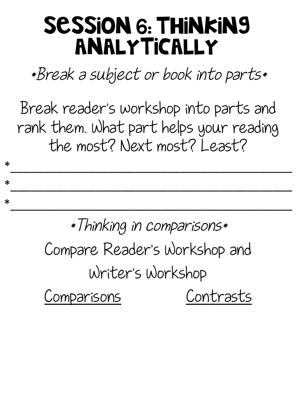 Session 6, thinking analytically: students rank parts of reader's workshop and compare it with writer's workshop
