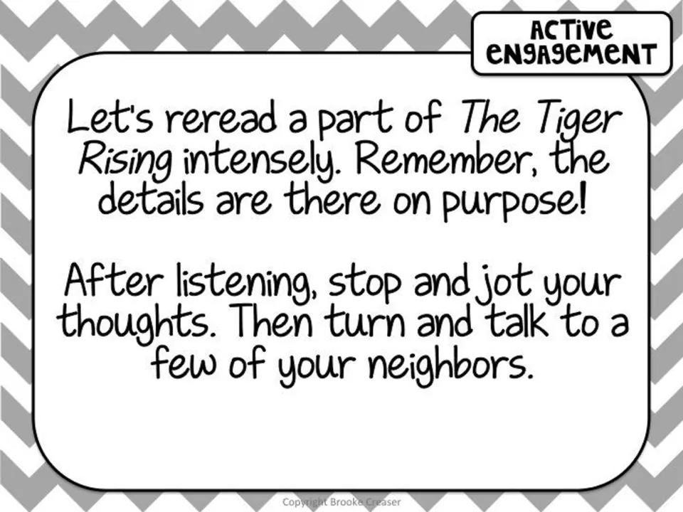 Session 1 active engagement asks readers to revisit The Tiger Rising, jot thoughts, and talk with neighbors