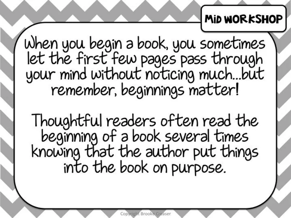 Session 1 mid-workshop reminder explains why beginnings matter and encourages rereading to notice authors' choices