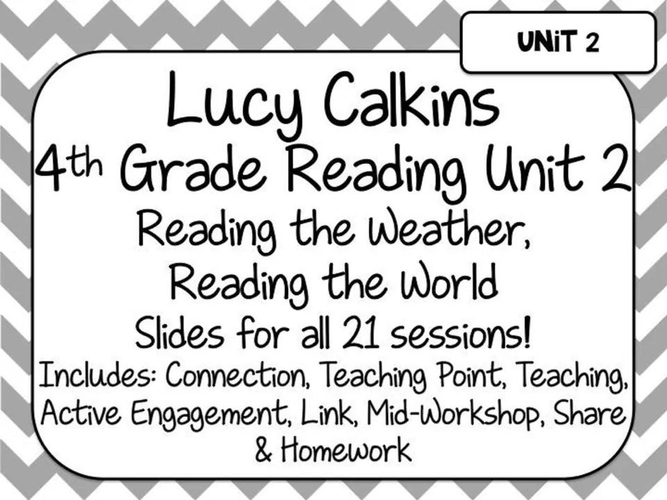 Cover for Unit 2, Reading the Weather, Reading the World: slides for all 21 sessions with lesson parts listed
