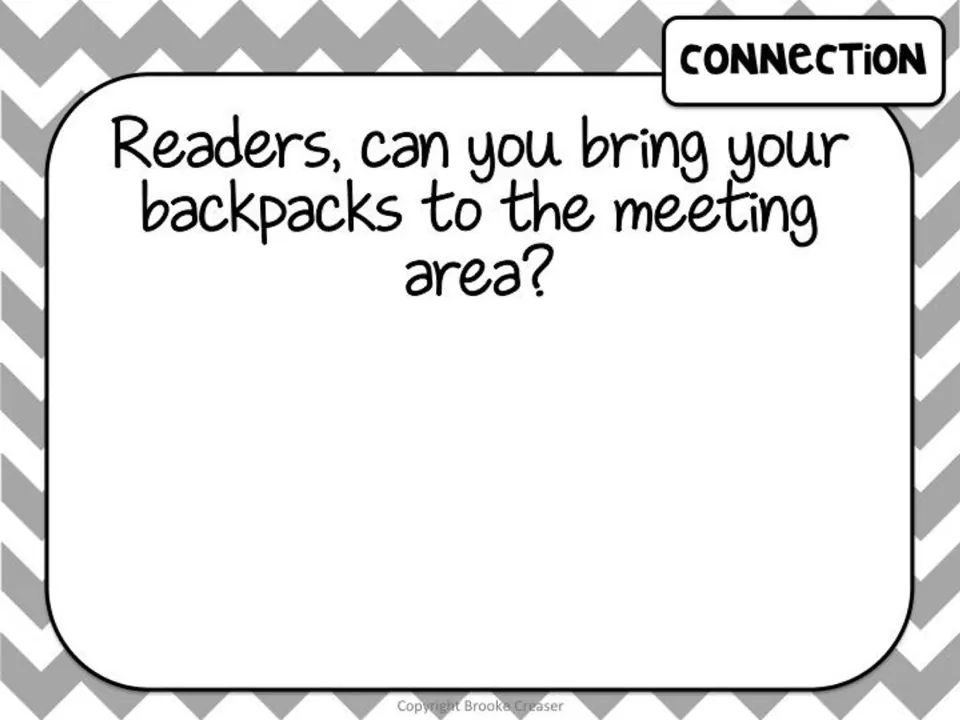 Connection slide asking readers to bring their backpacks to the meeting area to begin Session 1