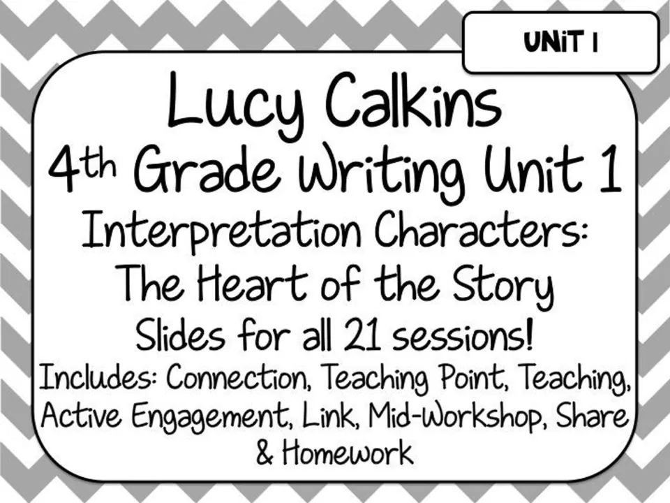 Fourth-grade writing unit cover: The Heart of the Story, with slides for 21 sessions and lesson sections