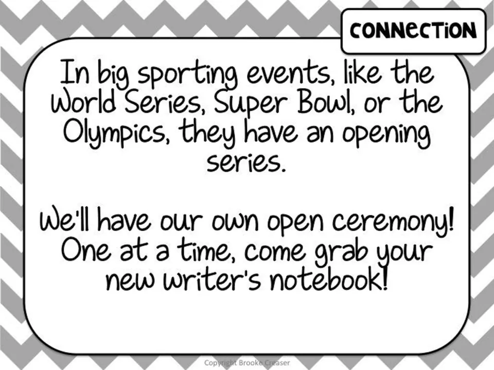 Session 1 connection slide comparing sports openings to a ceremony for collecting new writer's notebooks