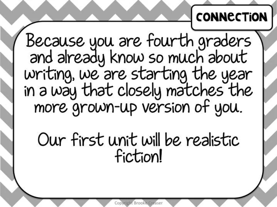 Session 1 connection slide recognizing fourth graders' writing experience and introducing realistic fiction