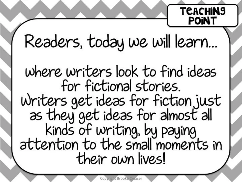 Session 1 teaching point: writers find ideas for fictional stories by noticing small moments in their lives