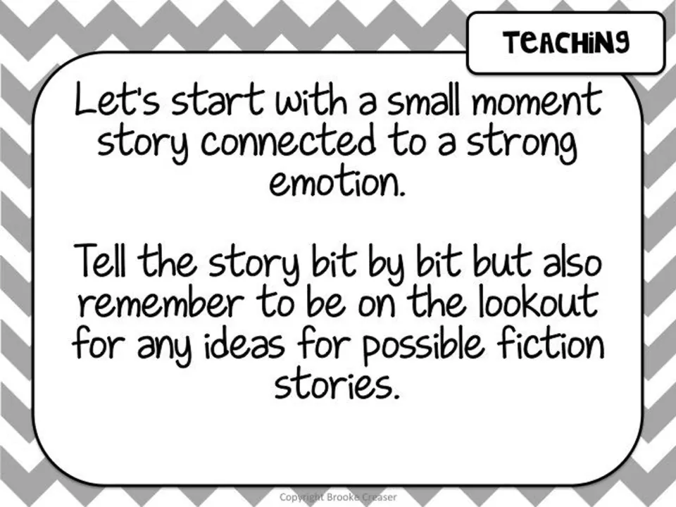 Session 1 teaching slide directing writers to tell a small moment tied to a strong emotion and find fiction ideas