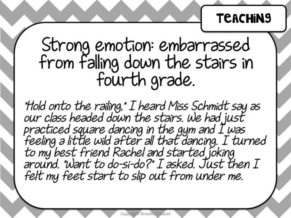 Session 1 model story about embarrassment: a fourth grader jokes with Rachel after dancing and slips on stairs