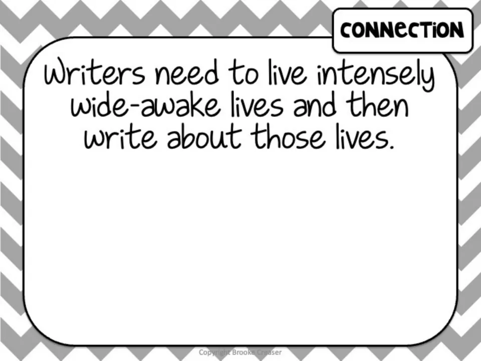 Session 1 connection slide states that writers need to live intensely wide-awake lives and write about them