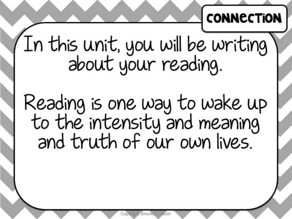 Session 1 connection slide introduces writing about reading and finding meaning in our lives through books