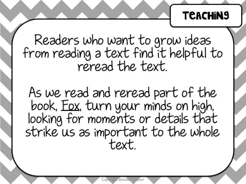 Session 1 teaching slide introduces rereading Fox to notice moments or details important to the whole text