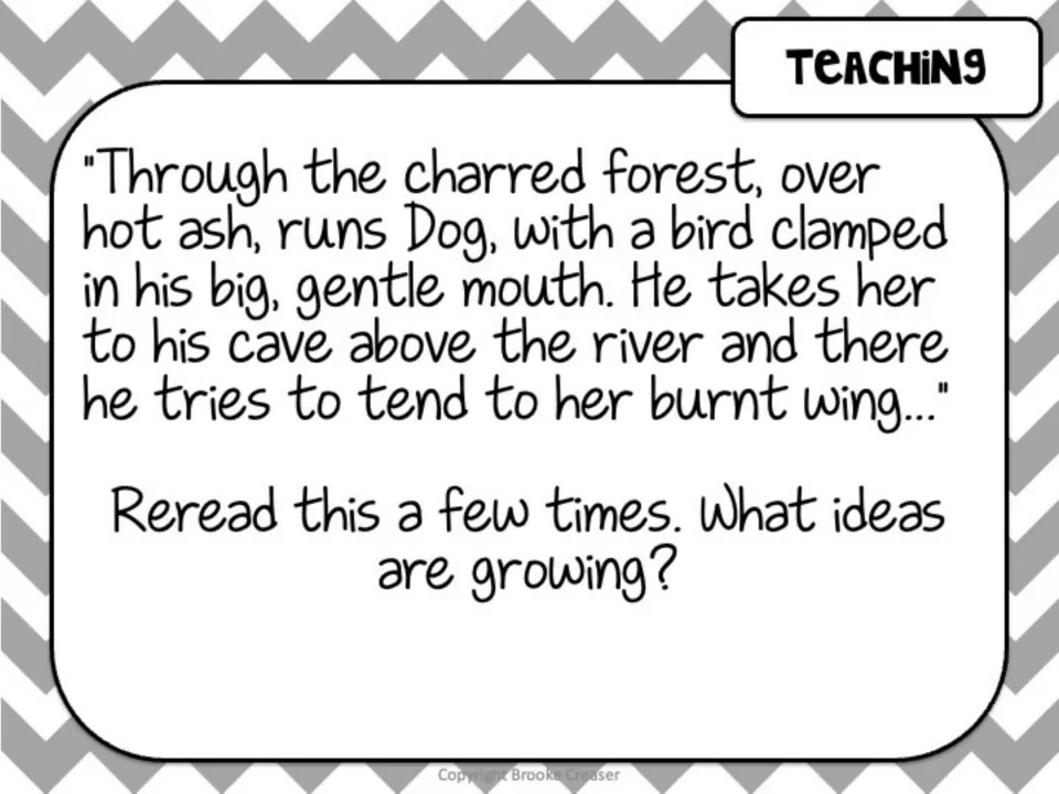Session 1 teaching slide quotes Fox as Dog carries an injured bird, then asks what ideas grow from rereading