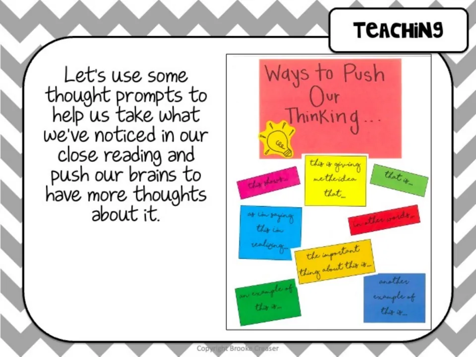 Session 1 teaching slide presents thought prompts, including 'in other words,' to extend close-reading ideas