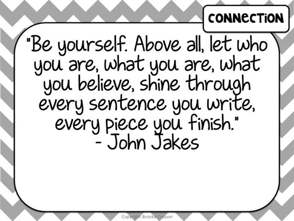 Session 1 connection slide quoting John Jakes on letting who you are and what you believe shine in writing