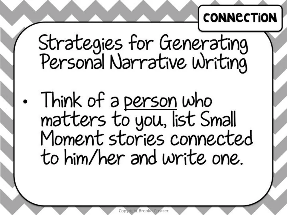 Session 1 connection slide: think of a person who matters, list related Small Moment stories, and write one