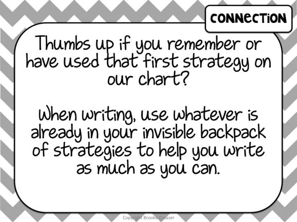 Session 1 connection slide asking for thumbs up and reminding writers to use their backpack of strategies
