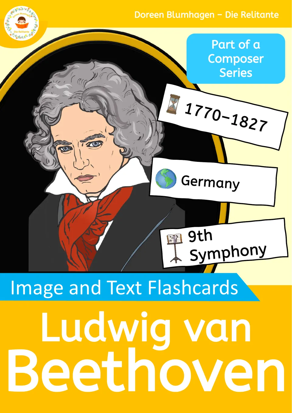 Cover of Beethoven image and text flashcards in a composer series, showing his portrait and 1770–1827 and Germany cards