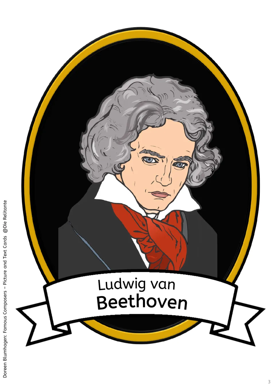 Large picture card: colour portrait of the composer with grey hair and red scarf, labelled Ludwig van Beethoven
