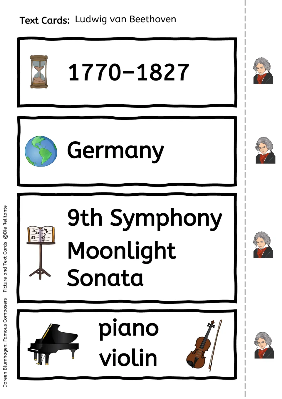 Fact cards to cut out: dates 1770–1827, Germany, 9th Symphony and Moonlight Sonata, and piano and violin as instruments