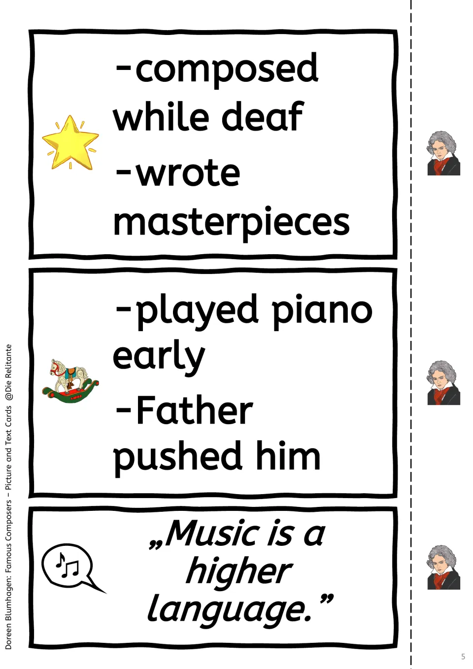 More fact cards: composed while deaf, played piano early, father pushed him, and the quote 'Music is a higher language.'