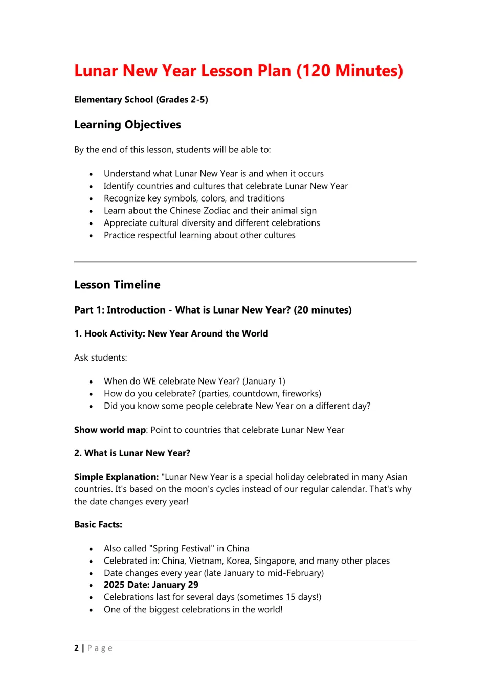 Lesson objectives and Part 1 intro: New Year Around the World hook, world map, and basic facts on the holiday's date