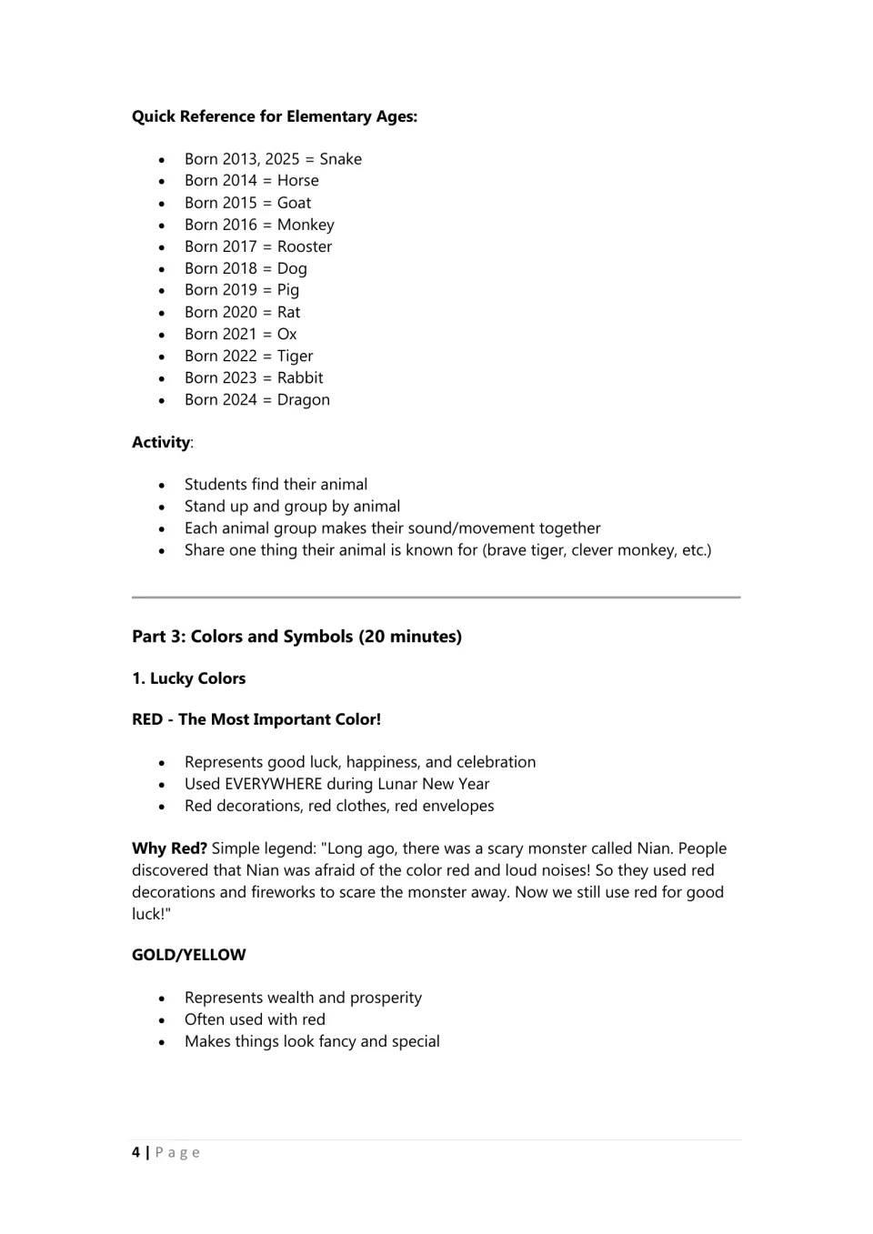 Zodiac birth-year chart for 2013 to 2025, a group-by-animal activity, and Part 3 on lucky red and gold with the Nian legend