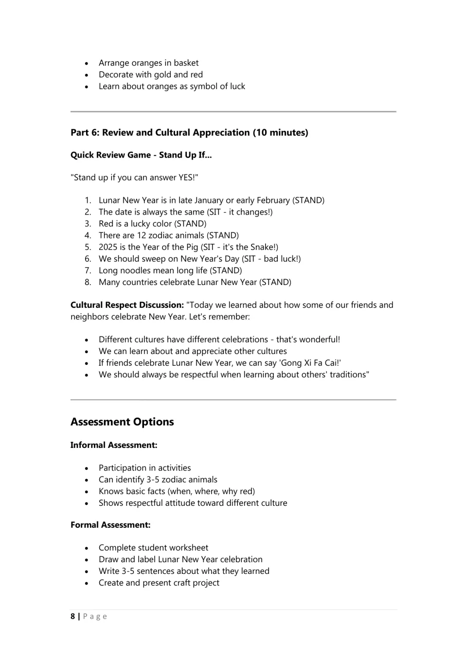 Part 6 review: a Stand Up If true-or-false game with 8 statements, a cultural respect talk, and assessment options