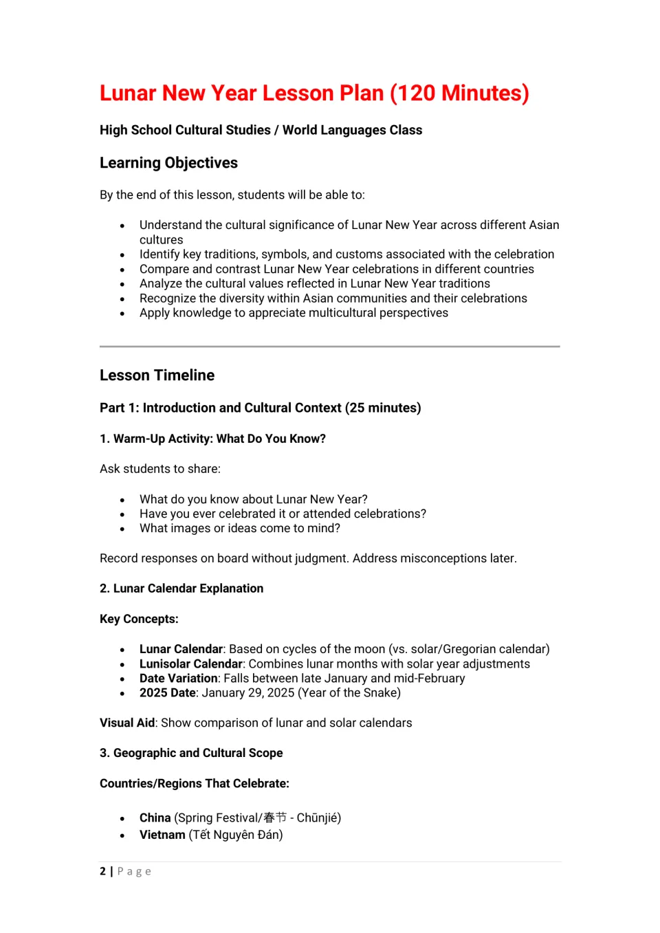 120-minute plan opener: objectives, What Do You Know? warm-up, lunar calendar concepts and celebrating countries