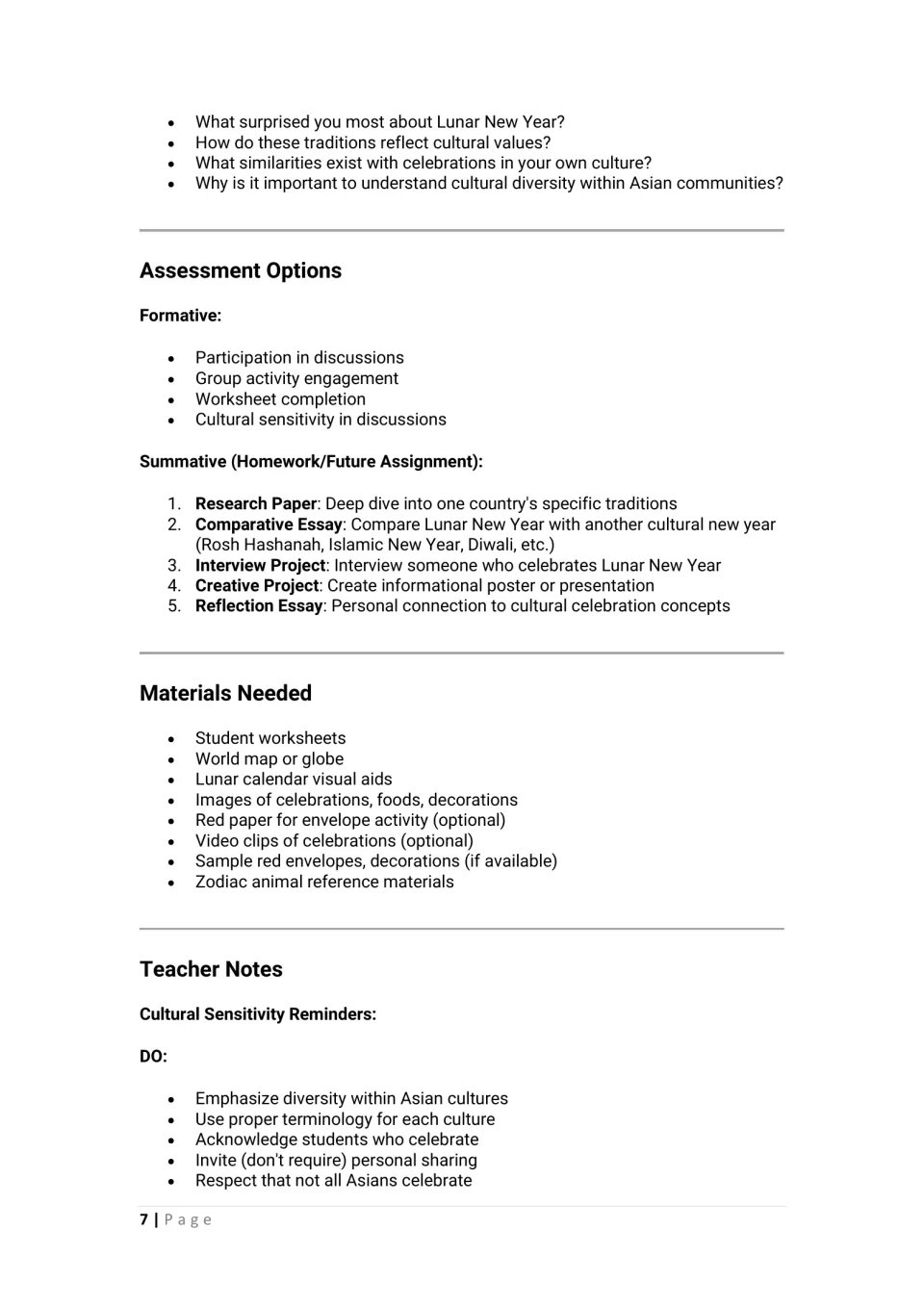 Reflection questions, formative and summative assessment options, a materials list and cultural sensitivity DO reminders