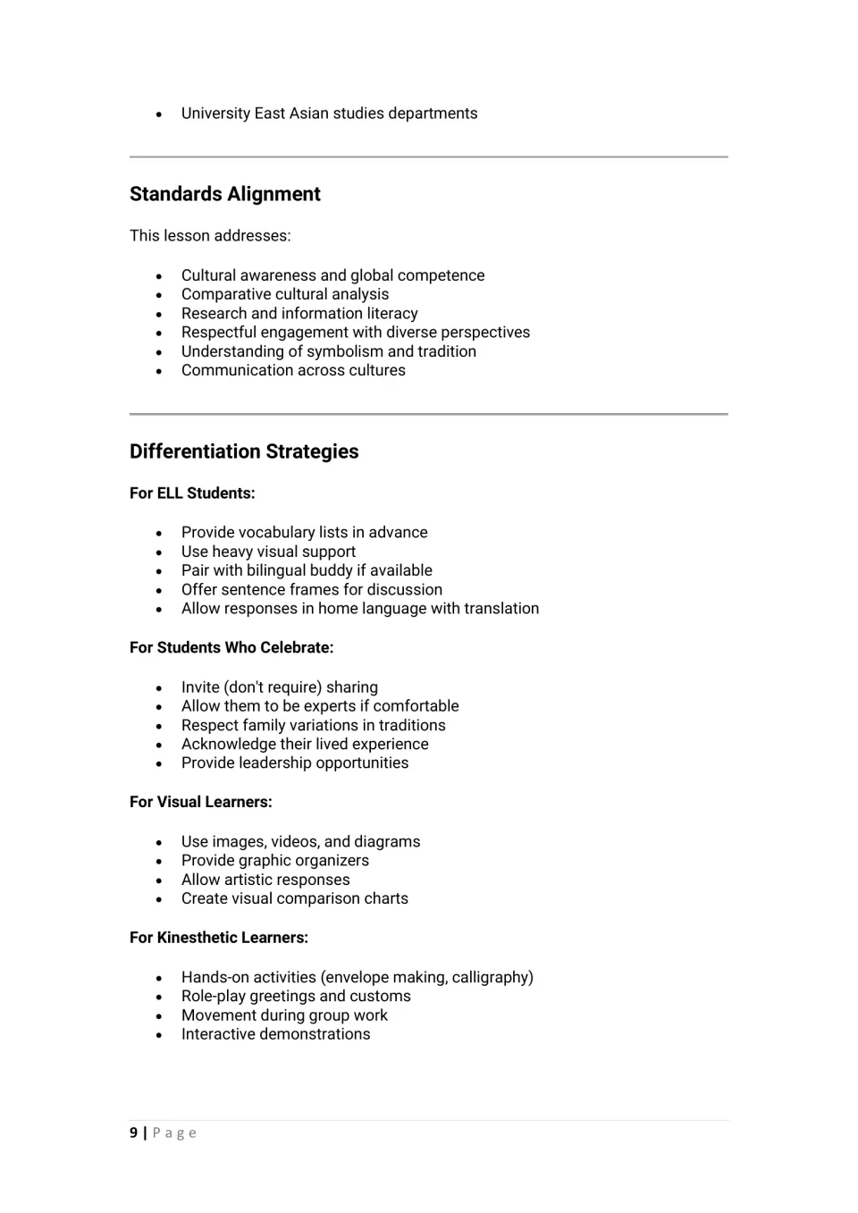 Standards alignment and differentiation strategies for ELLs, students who celebrate, visual and kinesthetic learners