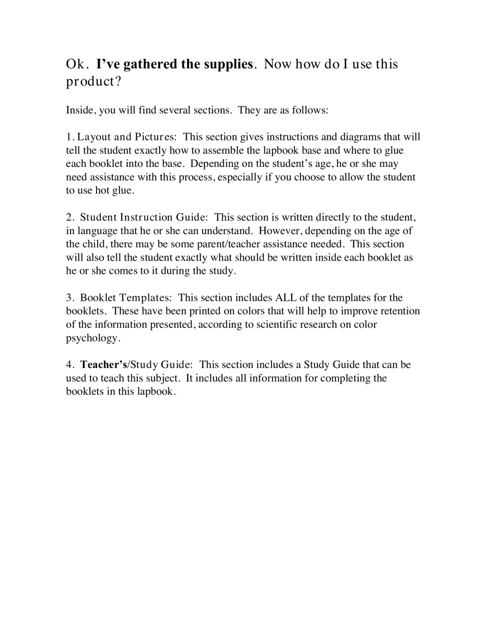 How to use the product: four sections, from layout pictures and student guide to booklet templates and study guide