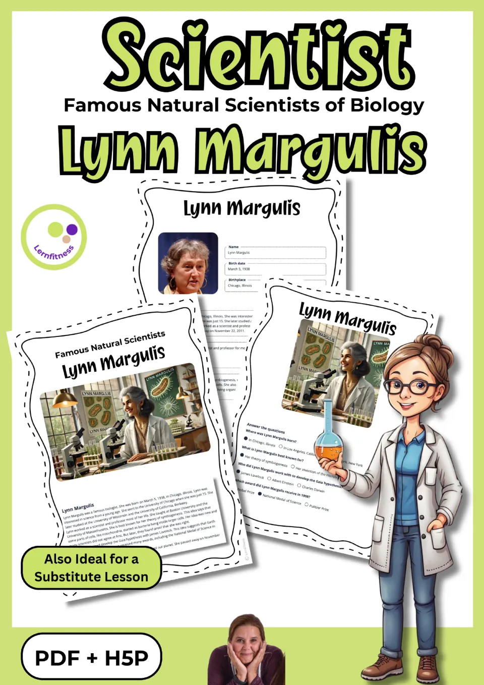 Lynn Margulis lesson cover showing reading, fact sheet, and quiz samples, labeled PDF + H5P