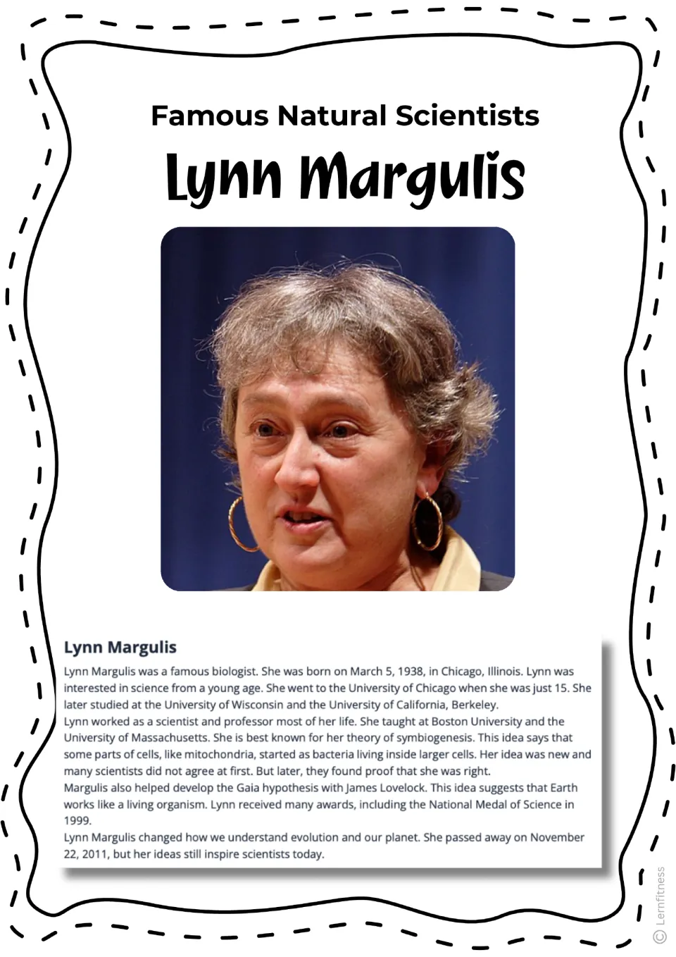 Biography reading about Lynn Margulis, symbiogenesis, and the Gaia hypothesis, with a color portrait