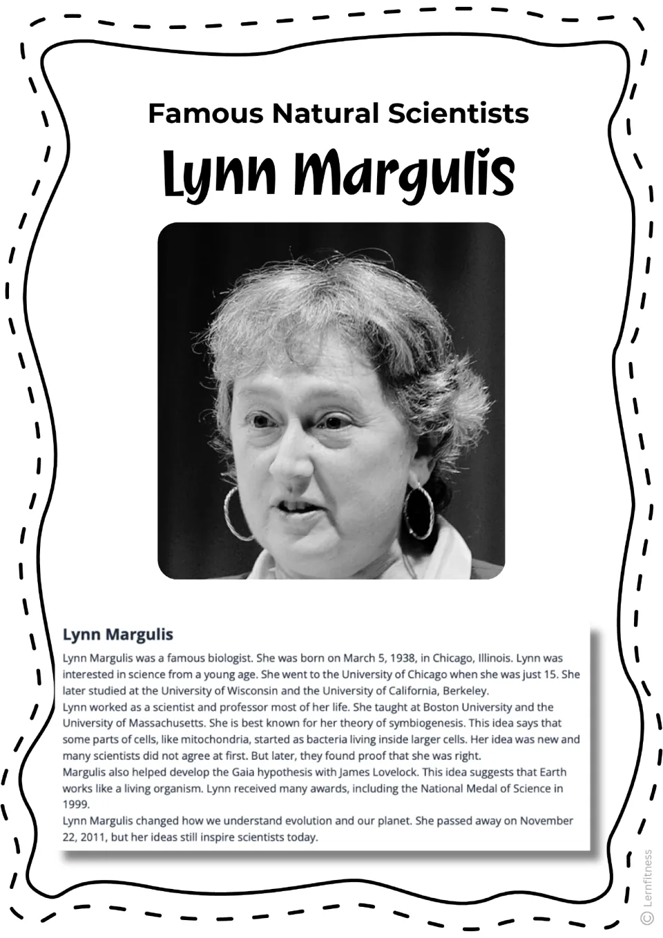Biography reading about Lynn Margulis, symbiogenesis, and Gaia, with a black-and-white portrait