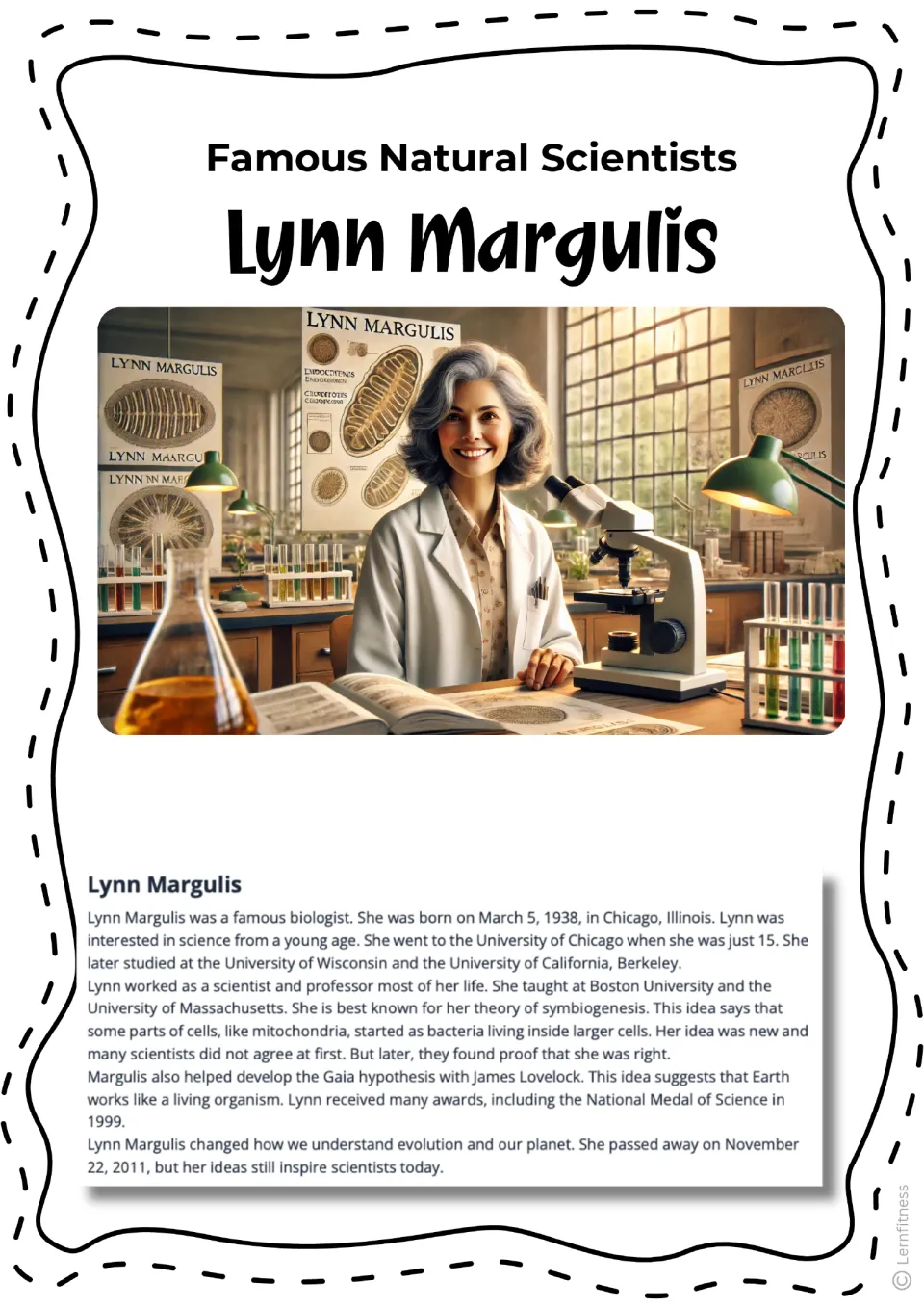 Lynn Margulis biography reading with a color laboratory illustration of a scientist beside a microscope