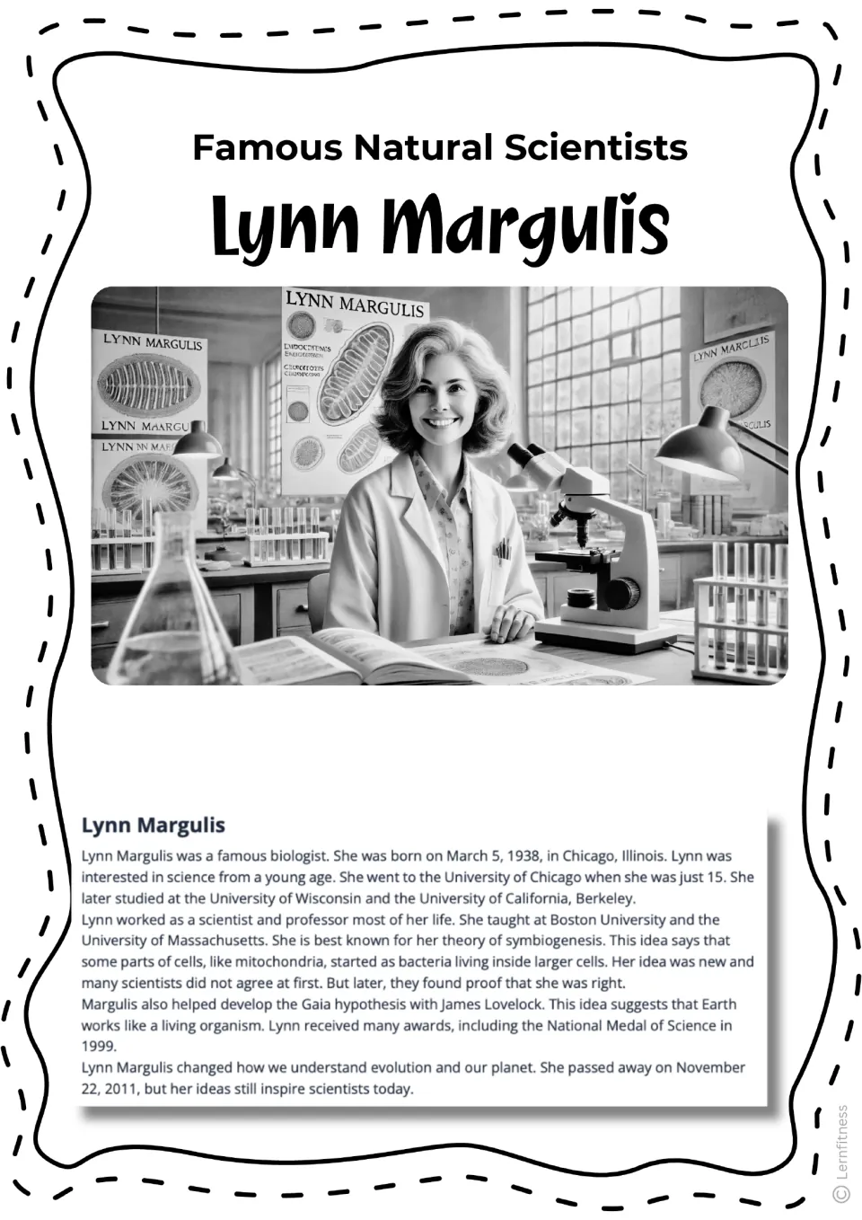 Lynn Margulis biography reading with a black-and-white illustration of a scientist beside a microscope