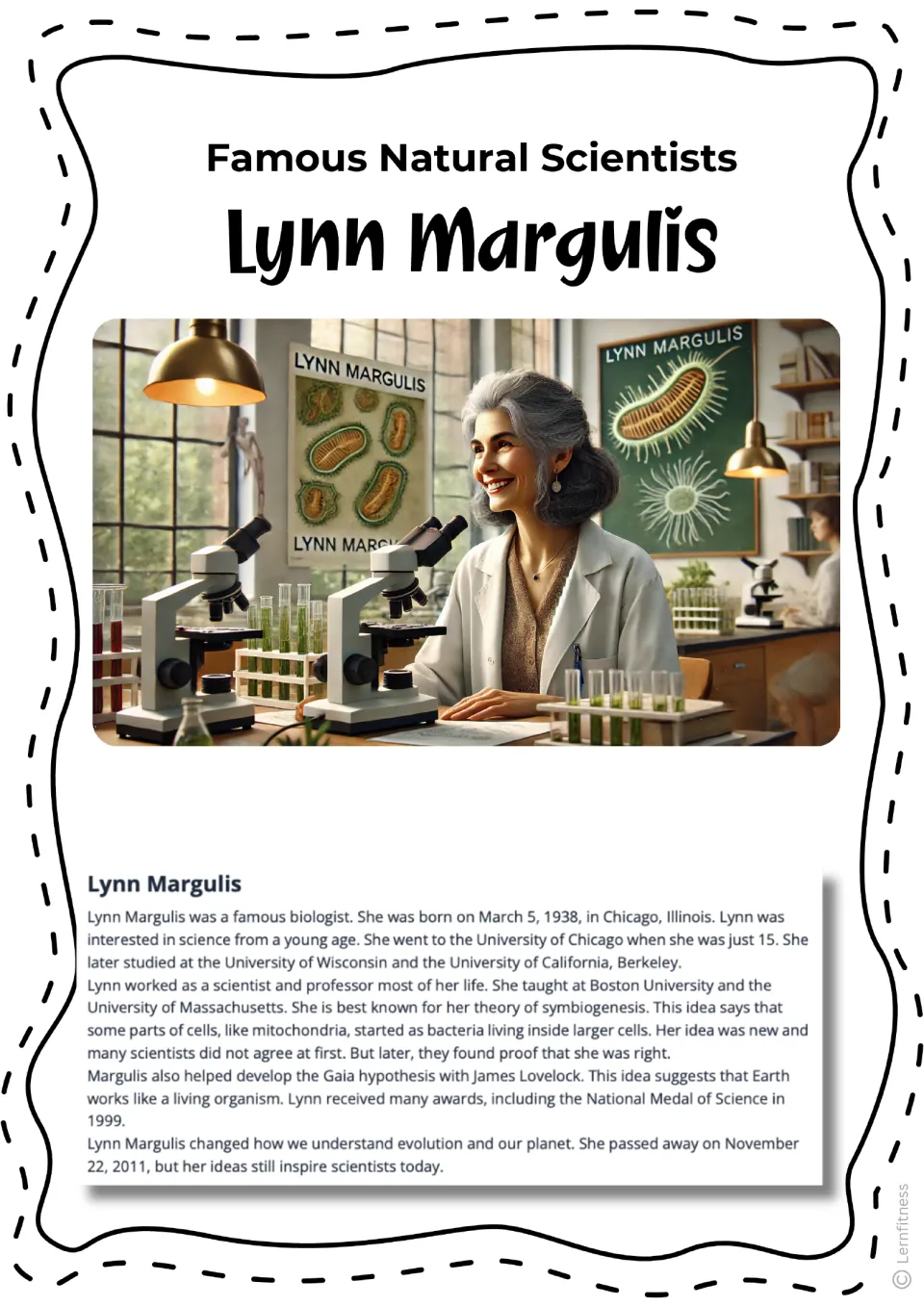 Lynn Margulis biography reading with a second color laboratory illustration showing two foreground microscopes