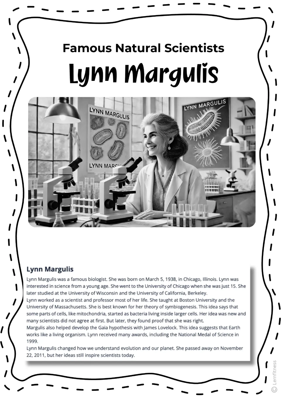 Lynn Margulis biography reading with the second laboratory illustration reproduced in black and white