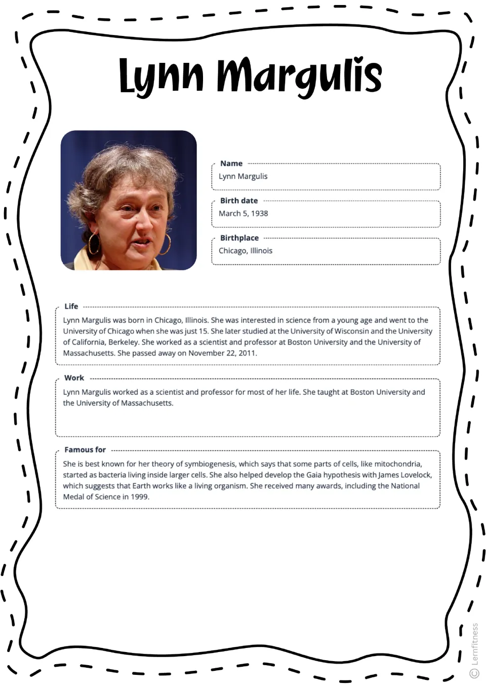 Completed Lynn Margulis fact sheet with a color portrait, birth details, life, work, and scientific contributions