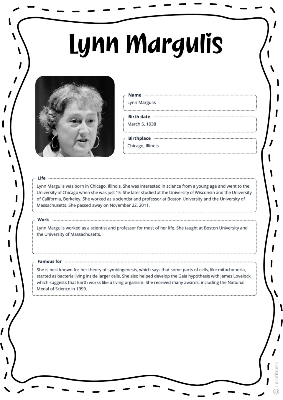Completed Lynn Margulis fact sheet in black and white, covering her birth, life, work, and symbiogenesis