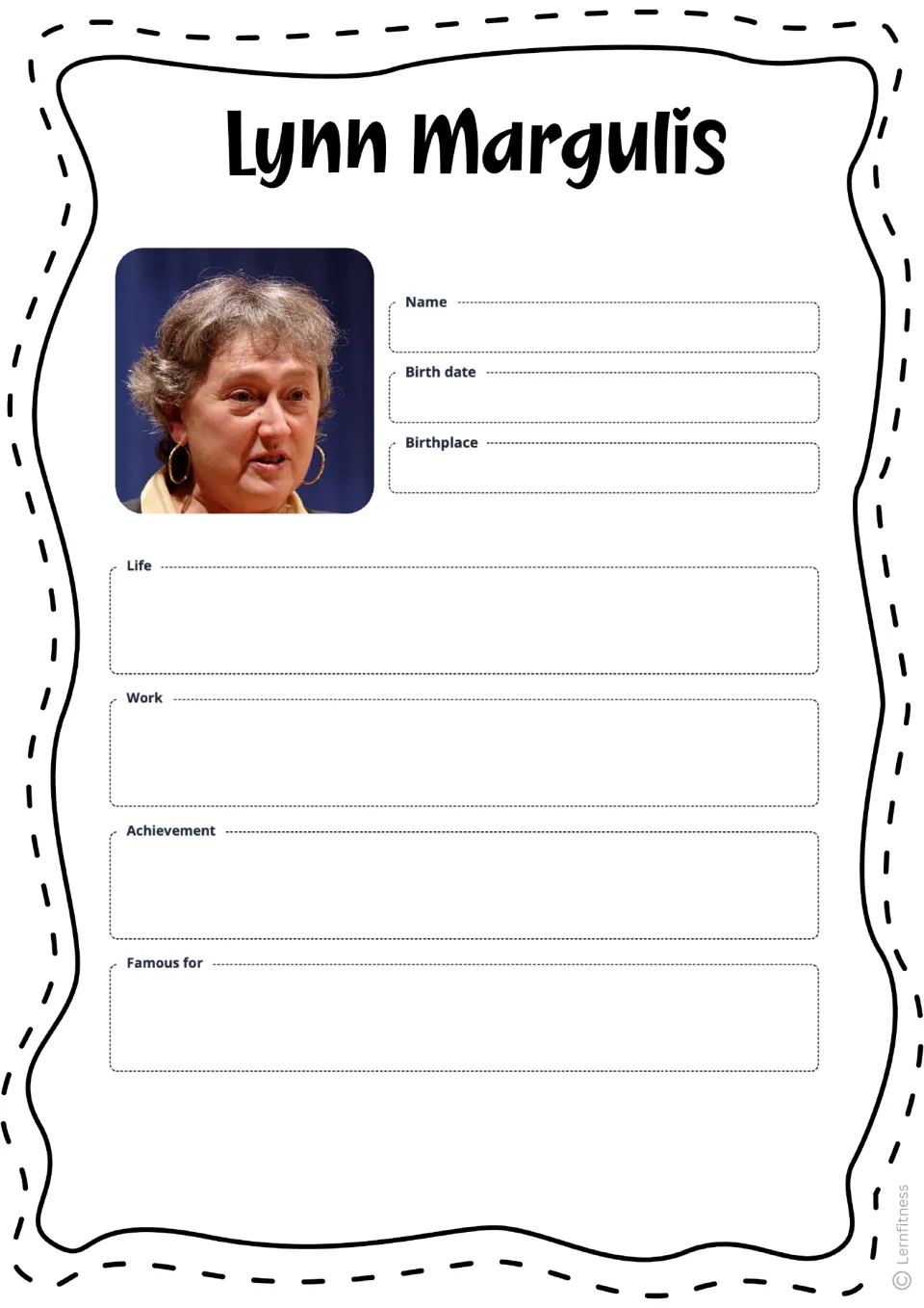 Blank Lynn Margulis fact sheet for name, birth date, birthplace, life, work, achievement, and fame