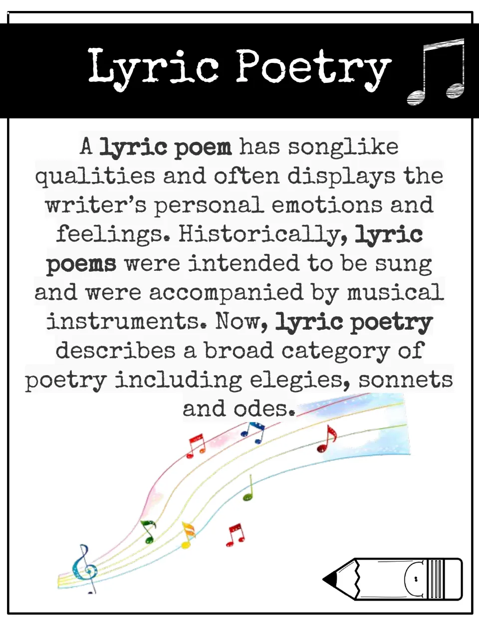 Lyric poetry definition poster: songlike qualities, personal emotions, sung origins, and elegies, sonnets and odes